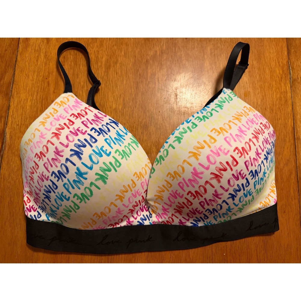Victorias Secret PINK Wear Everywhere Push Up Bra 38DD Rainbow Wireless Logo